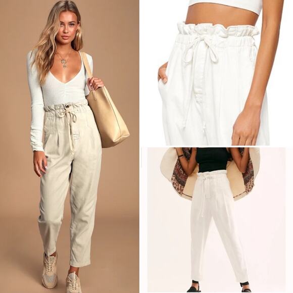 NEW Free People $98 Margate Ivory Paper Bag Waist Pant Trouser NWT Small - Picture 1 of 16